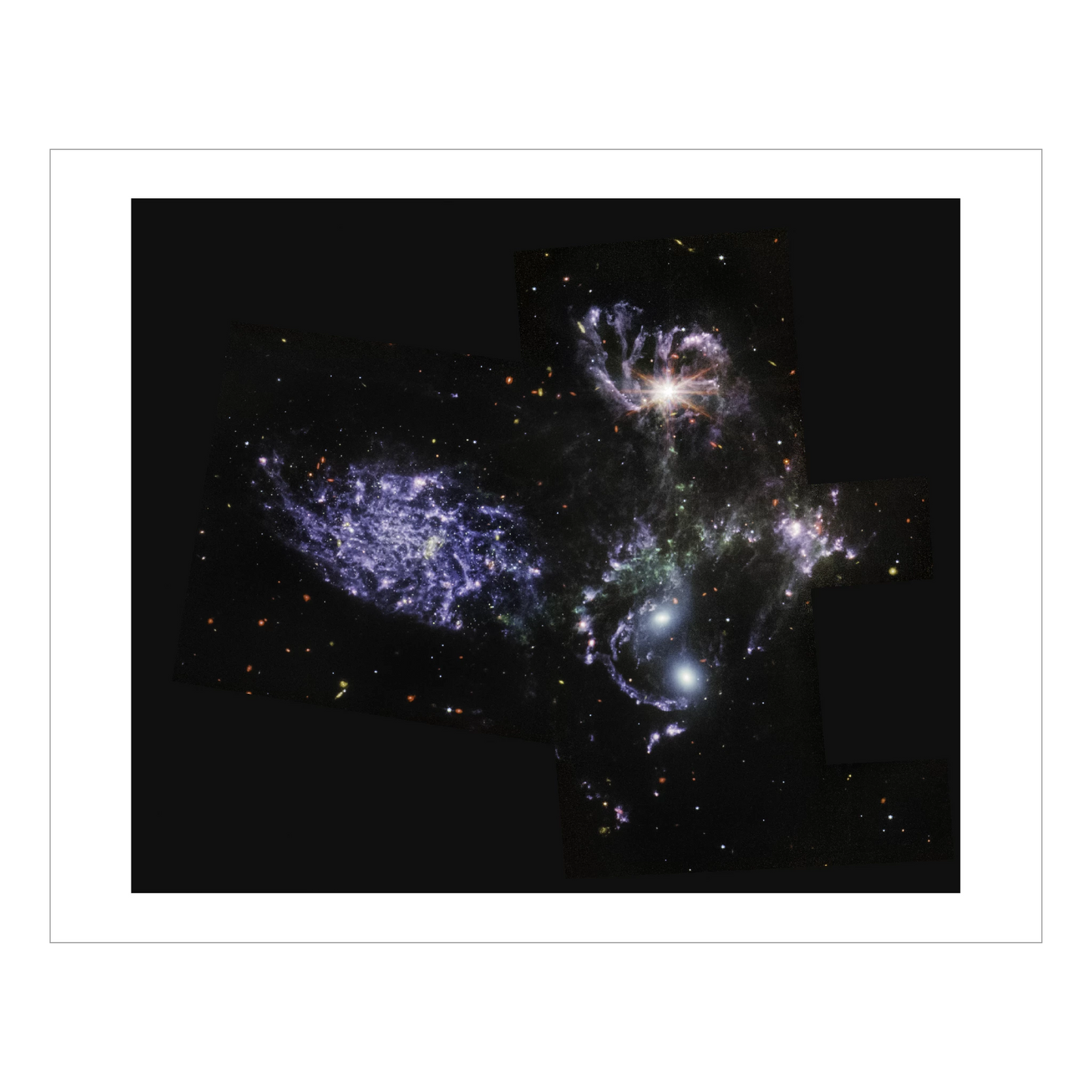 Five large spiral galaxies, known as Stephan's Quintet, in the distance are smaller galaxies.