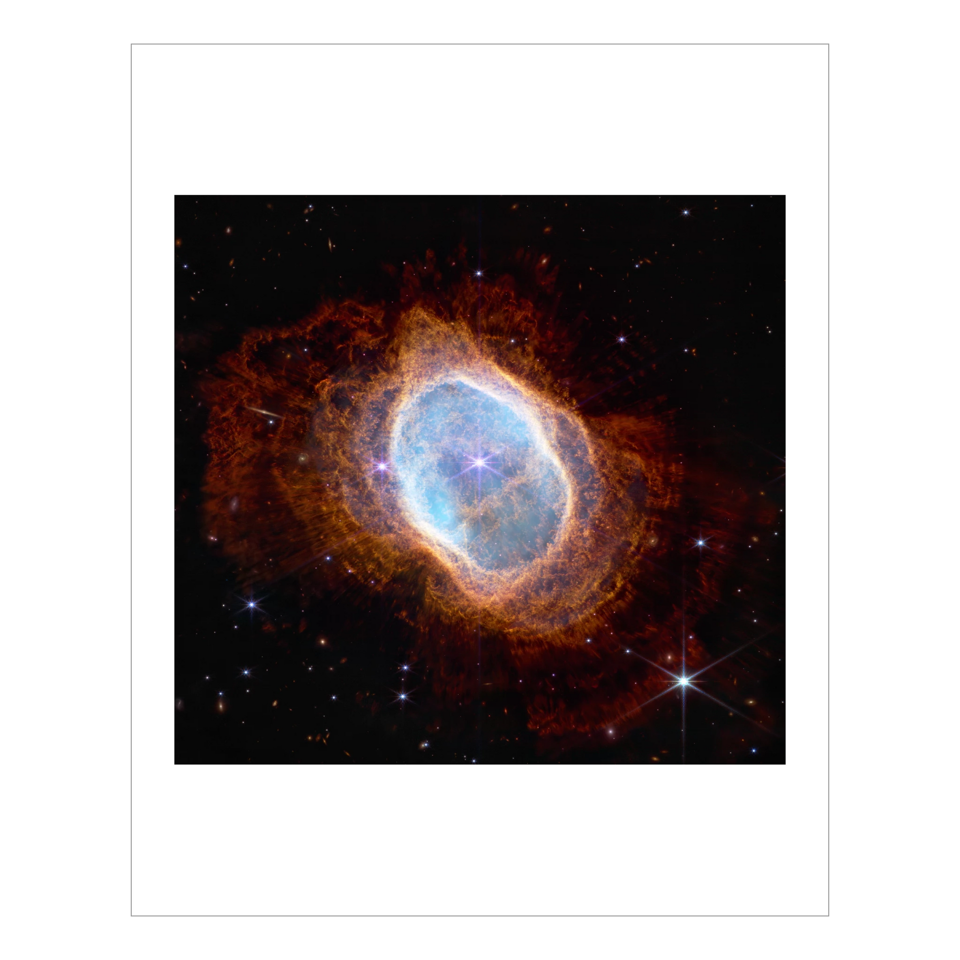 Planetary nebula known as the Southern Ring Nebula, ring of gas and dust with stars behind, taken by the NIRCam.